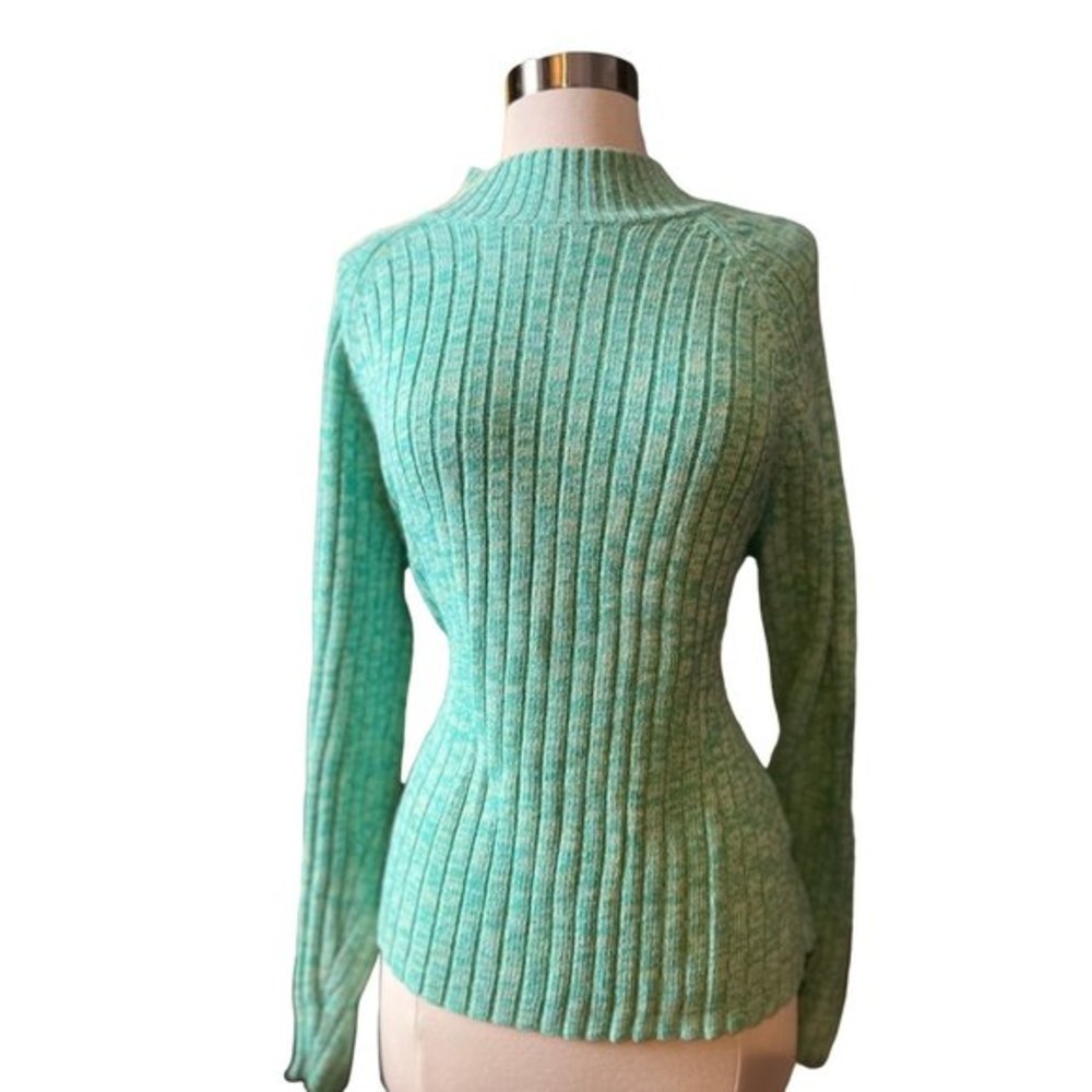 Studio Works Green Space Dye Raglan Sleeve Mock Turtleneck Vertical Knit Sweater